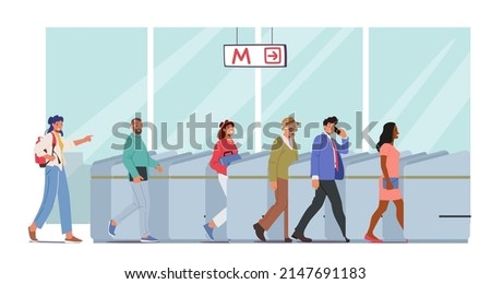 Characters Use Public Transport, Subway Pass Concept. People Going Through Turnstile Entrance, Male and Female Passengers Scan Train Tickets at Automatic Gate in Metro. Cartoon Vector Illustration