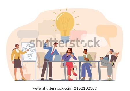 Brainstorm, Teamwork Process Concept. Business People Discussing Idea on Board Meeting in Office. Team Project Development, Employees Work on Laptops and Communicate. Cartoon Vector Illustration