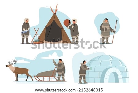 Set of Eskimos Characters Life, People Holding Spear, Building Igloo, Riding Sled, Cooking Fish and Play Tambourine. North Pole Esquimau Inuits Wear Traditional Clothes. Cartoon Vector Illustration