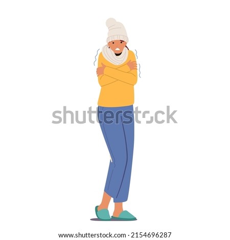 Freezing Female Character Wrapped in Warm Winter Clothes, Hat, Scarf and Home Slippers Shivering due to Low Minus Degrees Temperature in House. Cold Weather, Freeze. Cartoon Vector Illustration