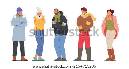 Set of Freezing People, Cold Weather Concept. Male and Female Characters Wearing Warm Winter Clothes Suffering of Low Minus Degrees Temperature, Wintertime Season Freeze. Cartoon Vector Illustration