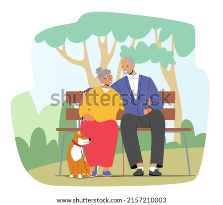 Elderly Couple Characters Spending Time With Dog at City Park. Happy Smiling Senior Man and Woman Sitting on Bench, Talking, Hugging. Family Outdoor Relax with Pet. Cartoon People Vector Illustration