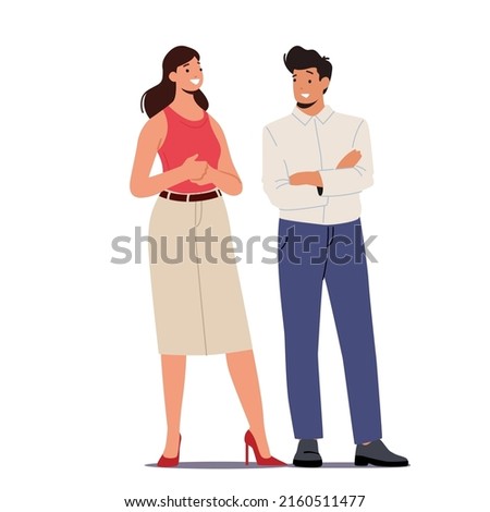 Office Employees Communicate, Joyful Business People Stand Together, Managers Team, Successful Young Businessman and Businesswoman Characters, Colleagues. Cartoon Flat Vector Illustration