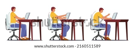 Right and Wrong Sitting Postures. Male Character Sit at Desk Work on Pc at Correct and Incorrect Spine Seat Positions. Human Health, Medical Ergonomic Workplace. Cartoon People Vector Illustration