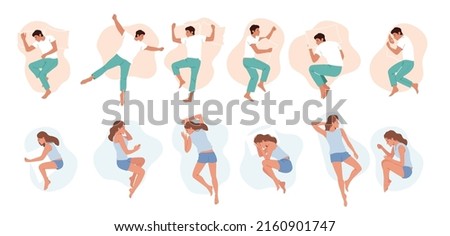 Set of Men and Women Sleeping Poses, People Lying in Bed Top View. Nighttime Relaxation, Characters Wear Pajama Sleep with Pillow Isolated on White Background. Cartoon Vector Illustration