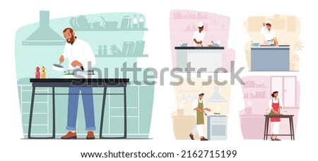 Set of Male and Female Characters Professional Cooking. Men and Women in Toque and Apron Prepare Dinner on Kitchen, Cutting Vegetables, Cook Fish or Chicken. Cartoon People Vector Illustration