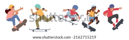 Set of Boys and Girls Skateboarding Activity. Children Skating on Longboard, Jump and Make Stunts and Tricks. Skater Freedom Lifestyle. Urban City Skateboard Sport. Cartoon People Vector Illustration