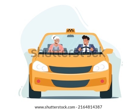 Old Lady or Granny Using Automobile Service. Taxi Driver and Elderly Woman Characters Sitting in Front Seat of Cab and Talking to Him. Front View trough Windscreen. Cartoon People Vector Illustration