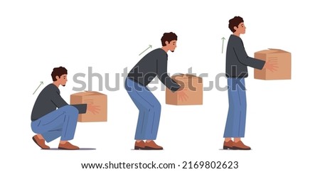 Correct Lift of Heavy Box Concept. Man Stand Up with Cardboard Package in Hands. Male Character Back Safety, Health Care and Injury Prevention Technique. Cartoon People Vector Illustration