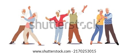 Senior Couples Dance, Elderly People Romantic Loving Relations Concept. Happy Old Men and Women Embracing, Holding Hands while Dancing. Old Characters Dating, Love. Cartoon People Vector Illustration