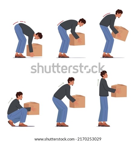 Correct and Incorrect Lift of Heavy Box, Health Care, Injury Prevention Concept. Man Stand Up with Cardboard Package in Hands. Male Character Back Safety Technique. Cartoon People Vector Illustration