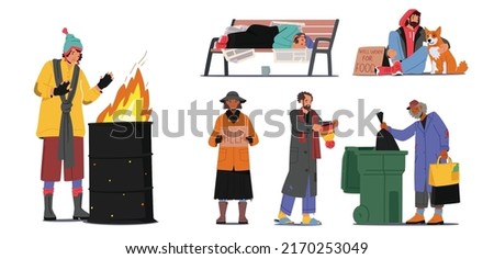 Set of Homeless People, Male and Female Beggars Characters Begging Money, Need Help and Work, Bums Wearing Ragged Clothing Pick Up Garbage on Street, Sleep on Bench. Cartoon Vector Illustration