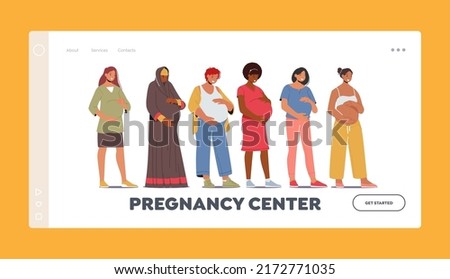 Pregnancy Center Landing Page Template. Multinational Women Prepare for Motherhood. Diverse Pregnant Mothers with Big Belly. Female Characters Prepare for Maternity. Cartoon People Vector Illustration Foto stock © 