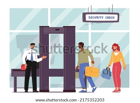 Airport Security Conveyor Belt Scanner, Terminal Checkpoint Metal Detector with Traveler Characters and Baggage. Passengers Check Luggage on X-ray in Airport. Cartoon People Vector Illustration