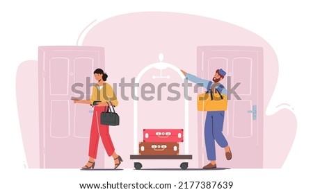 Hotel Staff Meeting Guest in Hall Carrying Luggage by Cart. Woman Character Checkin, Stay in Guesthouse for Vacation or Business Trip. Hospitality, Room Reservation. Cartoon People Vector Illustration