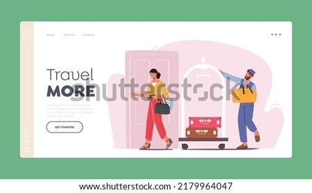 Hospitality, Room Reservation Landing Page Template. Hotel Staff Meeting Guest in Hall Carrying Luggage by Cart. Woman Character Checkin Stay in Guesthouse for Trip. Cartoon People Vector Illustration