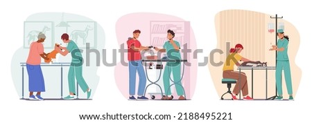 Set Vet Clinic Doctors Working And Caring Of Pets. Men and Women Owners With Cat, Dog and Rats In Cage on Appointment In Veterinary Hospital, Animal Health Care, Medicine, Cartoon Vector Illustration