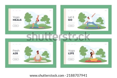People Doing Exercises in Park Landing Page Template Set. Characters Outdoor Yoga Activity. Fitness, Workout in Different Poses, Stretching, Healthy Lifestyle, Leisure. Cartoon Vector Illustration
