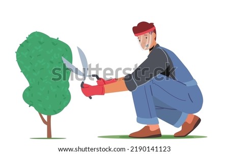Man Cut Hedge in Orchard Doing Gardener Works Prune Shrub with Scissors. Worker Male Character Trimming Bush in Garden. Farmer Occupation, Yardwork Maintenance. Cartoon Vector Illustration