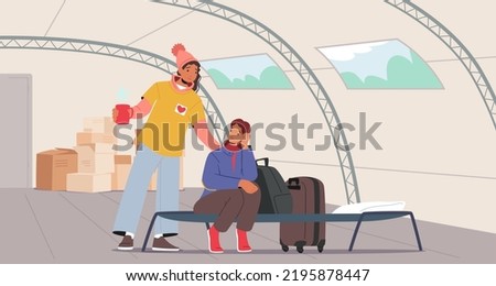 Volunteer Help Refugee Girl in Shelter, Female Character Survive during War Conflict, Woman Sit on Cot under Assistance and Support of Helper in Temporary Residence. Cartoon People Vector Illustration