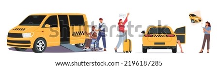 Set People Ordering Taxi, Transportation Service Concept. Driver in Yellow Cab Help to Disabled Passenger on Wheelchair, Woman with Baggage Hire Car, Girl Use Application. Cartoon Vector Illustration