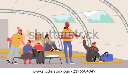 Volunteers Help Refugees in Shelter, Characters Survive during War Conflict, People Sitting on Cots and Floor Mats Get Food and Water from Helpers in Temporary Residence. Cartoon Vector Illustration