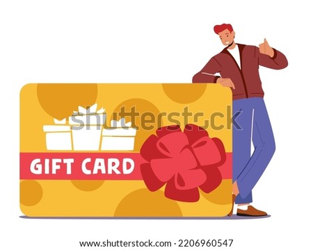 Customers Care and Loyalty Program Concept. Cheerful Man Buyer Stand near Huge Gift Card Showing Thumb Up. Consumerism, Special Offer for Clients, Seasonal Sale, Discount. Cartoon Vector Illustration