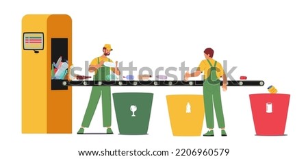 Garbage Manufacturing Service, Wastes Recycling Technological Process Concept. Workers Characters in Robe Selecting and Sorting Litter at Factory Conveyor Belt. Cartoon People Vector Illustration