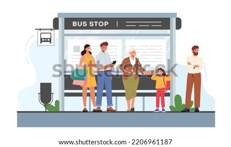People Waiting on Bus Stop, Men, Women, Granny and Child Characters on Outdoor Commuter Transport Station at City Landscape. Passengers Use Public Transportation Service. Cartoon Vector Illustration