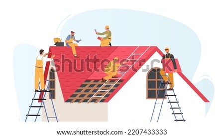 Roof Construction Workers Characters Conduct Roofing Works. Roofer Men with Work Tools Repair Home, Build Structure, Fixing Rooftop Tile House with Labor Equipment. Cartoon People Vector Illustration