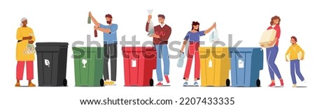 People Sorting Garbage into Different Containers for Separation. Adults and Kids Collect Litter to Recycle Bins, Solution for Environment Pollution, Trash Recycling. Cartoon Vector Illustration