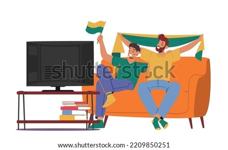 Home Fun Party Concept with Dad and Son Characters Spend Time Together Watching Football on Tv Sitting on Couch. Sport Fans Leisure, Spare Time, Family Relations. Cartoon People Vector Illustration