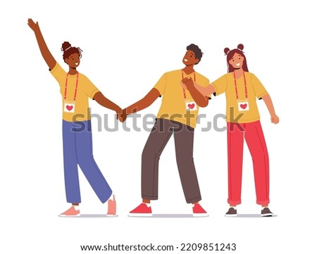 Joyful Volunteers Team Smiling with Hands Up. Happy Group Of Young Male Female Characters with Social Charity or Donation Service Community Badges Rejoice Together. Cartoon People Vector Illustration