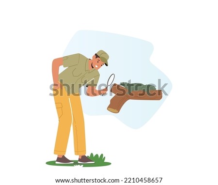 Scientist Naturalist Explore Fauna Creatures in Natural Habitat. Zoologist Male Character Looking on Lizard through Magnifying Glass. Man Naturalist Learning Animal. Cartoon People Vector Illustration Foto stock © 