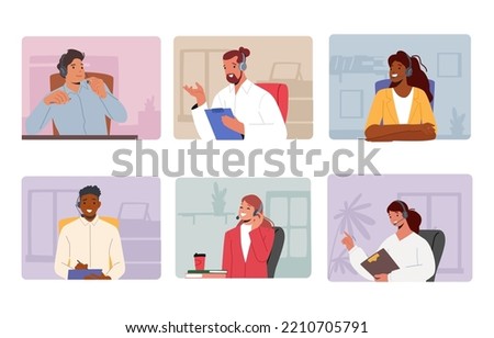 Set Hotline Operators Help Clients to Solve Problems. Smiling Friendly Male and Female Call Center Receptionists with Headset Working on Support Customers Line. Cartoon People Vector Illustration