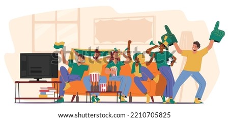 Group of Happy Fans Cheering for their Team Victory and Success. Male and Female Characters with Funny Attribution and Uniform Sitting on Couch front of Tv set. Cartoon People Vector Illustration