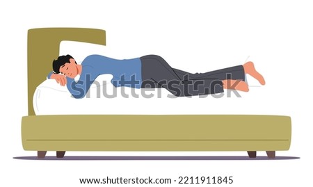 Dreamy Male Character Sleeping in Relaxed Pose Lying on Bed and Hugging Pillow Side View. Bedding Time, Sleep or Nap Isolated on White Background. Cartoon People Vector Illustration