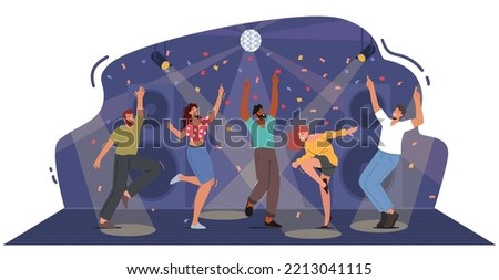 Happy People Clubbing and Dancing Disco at Night Club Floor, Men and Women Characters Dance at Nightclub, Nightlife Event, Music Party under Stroboscope Illumination Light. Cartoon Vector Illustration