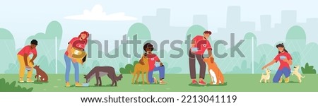 Friendly Characters Feeding Dogs. Male and Female Volunteers Work in Animal Shelter or Pound. Young Men and Women Giving Food to Homeless Puppies, Volunteering Charity. Cartoon Vector Illustration