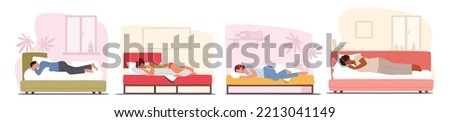 Set of Sleeping Men and Women, People Lying in Bed Side View. Nighttime Relaxation, Male and Female Characters Wear Pajama Sleep with Pillows at Home Interior . Cartoon Vector Illustration