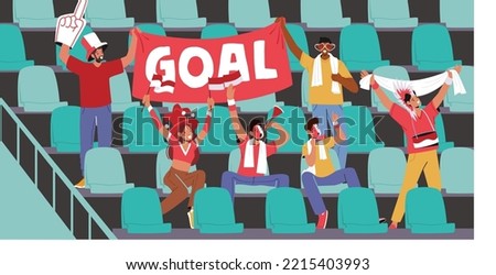 Cheerful Fans Male and Female Characters Wearing Sports Club Uniform with Flag in Hands Sitting on Tribunes Cheering for Favorite Sport Team Watching Football Match. Cartoon People Vector Illustration