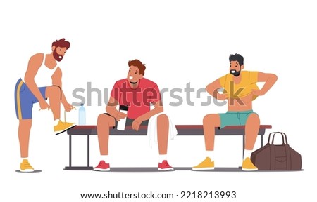 Young Men Sitting on Bench in Sports Locker Room. Athlete Male Characters Drink Water, Change Clothes before Training or Workout in Gym, Sportsmen Chatting. Cartoon People Vector Illustration Foto stock © 