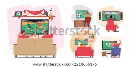 Set Football Fans Watching Match at Home on Tv Sitting on Couch Rear View. Excited Men with Beer Cheering for Favorite Team. Male Characters Soccer Supporters. Cartoon People Vector Illustration