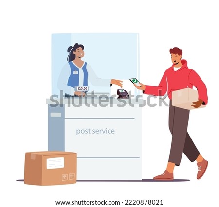 Man Visiting Post Office Concept. Male Character Holding Parcel in Hands Paying for Weigh Box on Scales on Reception Desk. Mail Delivery Service, Postage, Customer at Post. Cartoon Vector Illustration