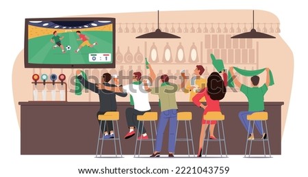 Football Fans Watching Match on Tv Sitting on High Chairs in Night Club Rear View. Excited People with Beer and Scarf Cheer for Favorite Team. Soccer Supporter Characters. Cartoon Vector Illustration