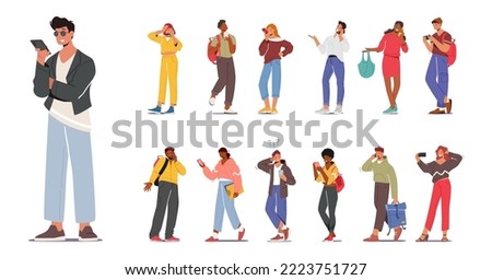 Set of Young Characters with Phones, Teens Smartphone Communication Concept. Youth Men and Women Holding Mobiles Chatting, Texting, Reading Newsfeed in Social Media. Cartoon People Vector Illustration