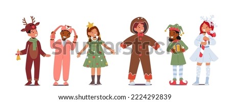 Children in Christmas Costumes, Girls and Boys Performing on School or Kindergarten Matinee. Elf, Snowflake, Rabbit, Fir-Tree and Reindeer with Gingerbread Man Characters. Cartoon Vector Illustration