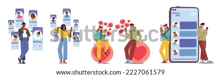 Male and Female Characters use Dating App. People Match in Social Media. Online Dating Application, Virtual Love Concept with Young Men and Women and Smartphone. Cartoon Vector Illustration