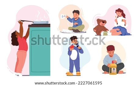 Set Kids In A Dangerous Situations, Children Play With Matches, Hot Utensil, Toxic Liquids, Sharp Objects, Electricity. Risk at Home Concept with Boys and Girls Characters. Cartoon Vector Illustration