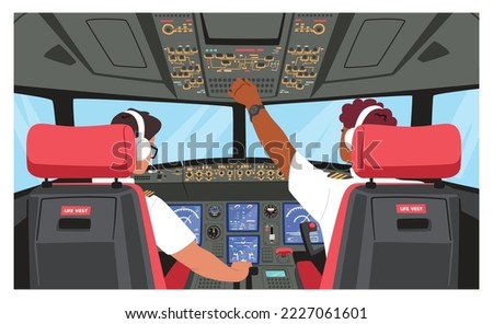 Pilots Wearing Headset or Headphones and Uniform Sitting in Chairs in Cabin of Plane Rear View. Aviators Male Characters in Cockpit Driving Aircraft Airplane. Cartoon People Vector Illustration